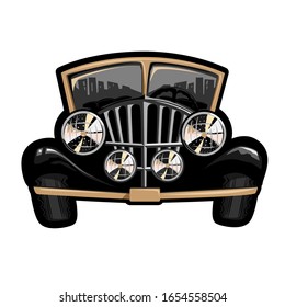 Black convertible with large headlights in a retro style. 1920 year. Retro cars in cartoon style. Vector illustration isolated on a white background.