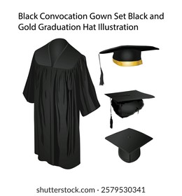 Black Convocation Gown Set Black and Gold Graduation Hat Illustration Vol 01