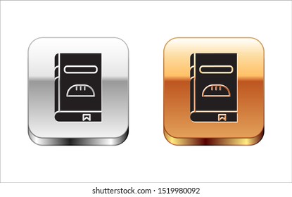 Black Cookbook icon isolated on white background. Cooking book icon. Recipe book. Fork and knife icons. Cutlery symbol. Silver-gold square button. Vector Illustration