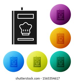 Black Cookbook icon isolated on white background. Cooking book icon. Recipe book. Fork and knife icons. Cutlery symbol. Set icons colorful circle buttons. Vector Illustration