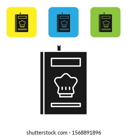 Black Cookbook icon isolated on white background. Cooking book icon. Recipe book. Fork and knife icons. Cutlery symbol. Set icons colorful square buttons. Vector Illustration