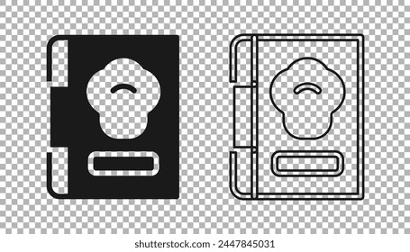 Black Cookbook icon isolated on transparent background. Cooking book icon. Recipe book. Fork and knife icons. Cutlery symbol.  Vector