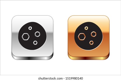 Black Cookie or biscuit with chocolate icon isolated on white background. Silver-gold square button. Vector Illustration