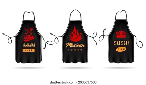 Black cooking aprons. Man apron for barbecue sushi mexican restaurant food isolated, bbq chef uniforme working clothing, dark culinary apparel