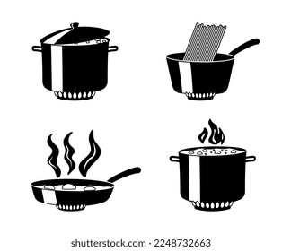 Black cooking icons. Collection of graphic elements for website. Pot and pan, kitchen utensils and cooking. Cafe or restaurant. Cartoon flat vector illustrations isolated on white background