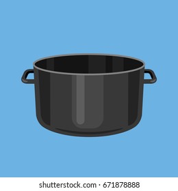 Black cooking pot, empty black saucepan. Vector illustration