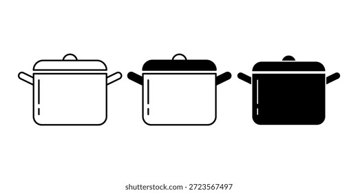 Pacote de ícone de panela preta ilustrando utensílios de cozinha para ferver, sopa e preparação de refeições. Perfeito para o conteúdo da receita, marca da cozinha e projetos temáticos culinários.