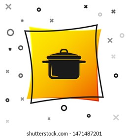 Black Cooking pot icon isolated on white background. Boil or stew food symbol. Yellow square button. Vector Illustration