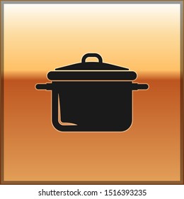 Black Cooking pot icon isolated on gold background. Boil or stew food symbol.  Vector Illustration