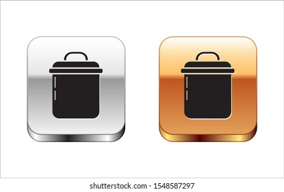 Black Cooking pot icon isolated on white background. Boil or stew food symbol. Silver-gold square button. Vector Illustration