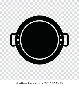 A black cooking pot icon with two handles and rivets on a transparent background, simple and minimalist design