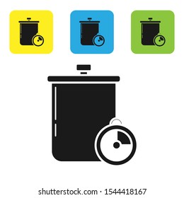 Black Cooking pot and kitchen timer icon isolated on white background. Boil or stew food symbol. Set icons colorful square buttons. Vector Illustration