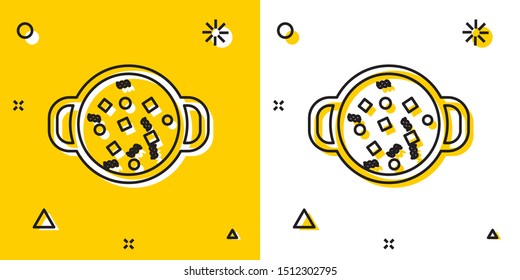 Black Cooking soup in pot icon isolated on yellow and white background. Boil or stew food symbol. Random dynamic shapes. Vector Illustration