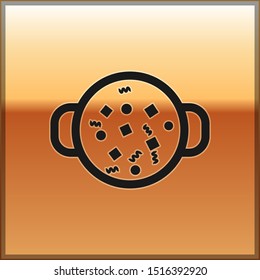 Black Cooking soup in pot icon isolated on gold background. Boil or stew food symbol.  Vector Illustration