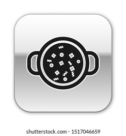 Black Cooking soup in pot icon isolated on white background. Boil or stew food symbol. Silver square button. Vector Illustration