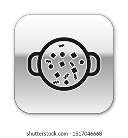 Black Cooking soup in pot icon isolated on white background. Boil or stew food symbol. Silver square button. Vector Illustration
