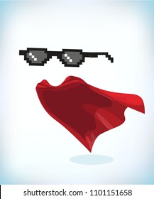 black cool glasses. Masquerade costume. Carnival or Halloween Cartoon Vector illustration. Funny super hero flying with cloak. Funny super hero flying with cloak.