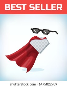 black cool glasses. Masquerade costume. Carnival or Halloween Cartoon Vector illustration. Red cape