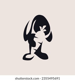 Black Cool Rabbit Silhouette Bunny Hare stand with Holding Hand Carrot Negative Space Logo Design 