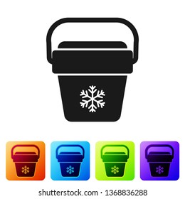 Black Cooler bag icon isolated on white background. Portable freezer bag. Handheld refrigerator. Set icon in color square buttons. Vector Illustration