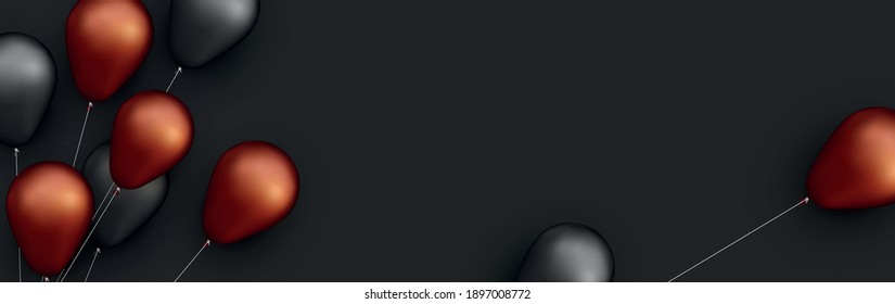 Globos de hojas de cobre y negro con hilos sobre fondo negro. Espacio para texto. Ilustración festiva vectorial.