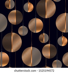 Black And Copper Metal Christmas  Baubles Seamless Pattern For Background, Wrap, Fabric, Textile, Wrap, Surface, Web And Print Design. Elegant Masculine Design With Abstract Laconic Xmas Balls. 
