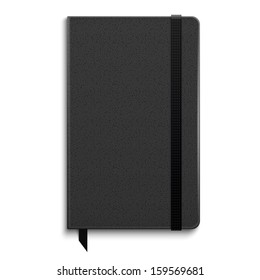 Black copybook with elastic band bookmark. Vector illustration.