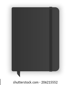 Black copybook moleskin cover with elastic band and bookmark. Vector illustration