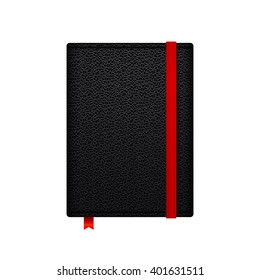 Black copybook with red elastic band bookmark, isolated on white background. Vector template.
