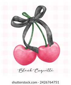 Black coquette cherries with ribbon bow, aesthetic watercolor hand drawing