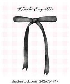 Black coquette ribbon bow, aesthetic watercolor hand drawing