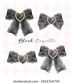 Black coquette ribbon bow set, victoria aesthetic watercolor hand drawing