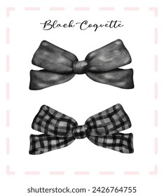 Black coquette ribbon bow set, aesthetic watercolor hand drawing