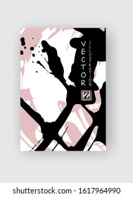 Black and coral ink brush stroke on white background. Japanese style. Vector illustration of grunge stains