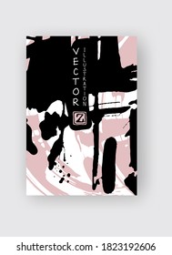 Black and coral ink brush stroke on white background. Japanese style. Vector illustration of grunge stains