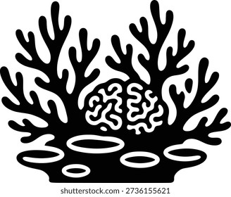Vector de silueta de arrecife de coral negro con formas de cuerno de ciervo ramificado y coral cerebral. Ideal para la conservación marina, gráficos de educación oceánica, imágenes de acuarios y proyectos de diseño submarino.
