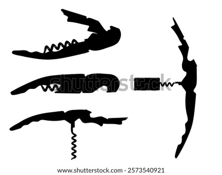 Black Corkscrew Icon, Wine Bottle Opener Symbol, Metal Cork Screw Silhouette on White Background, Vector Illustration