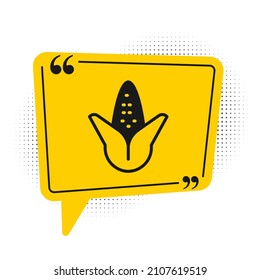 Icono de maíz negro aislado en fondo blanco. Símbolo amarillo de burbuja de habla. Vector