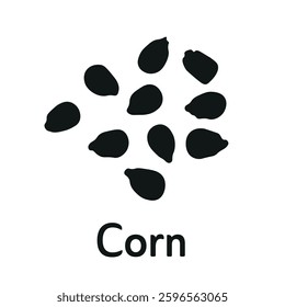 Black corn seeds icon with text 'Corn' on a white background, simple agricultural vector illustration.