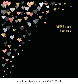 Black corner design with hearts confetti on black background. Romantic trendy heart frame. Valentine day design for love card, valentine day greetings. Vector illustration stock vector.