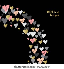 Black corner design with hearts confetti swirl on black background. Romantic trendy heart frame. Valentine day design for love card, valentine day greetings. Vector illustration stock vector.