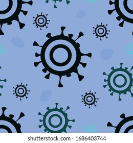 Black coronaviruses seamless pattern on light blue background