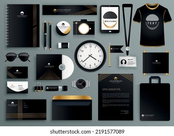 Black corporate brand identity template design vector. Company business stationery set design.