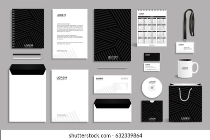 Black corporate identity design template with gray stripes background