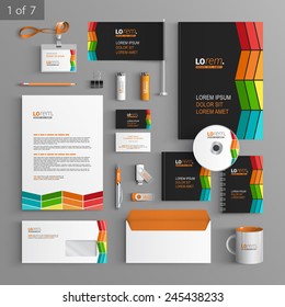 Diseño de plantillas de identidad corporativa negra con elementos cuadrados de color. Papel de negocios