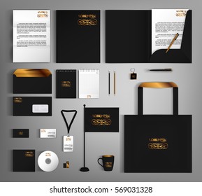 Black corporate identity template design with gold vintage design elements.  Business set stationery.