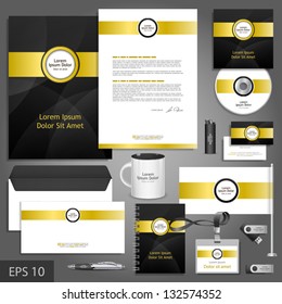 Black corporate identity template with golden elements. Vector company style for brandbook and guideline. EPS 10