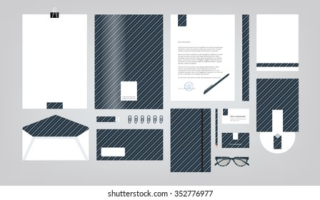 Black corporate identity template. Vector company style for brand book and guideline. Folder, pen, envelope, business card, CD disc, flash memory card, pencil, ruler, glasses, and blank sheet.
