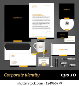 Black corporate identity template with yellow elements. Vector company style for brandbook and guideline. EPS 10