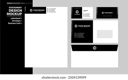 Black corporate stationery design, corporate trademark identity design. Letterhead, envelope and business card mockup design